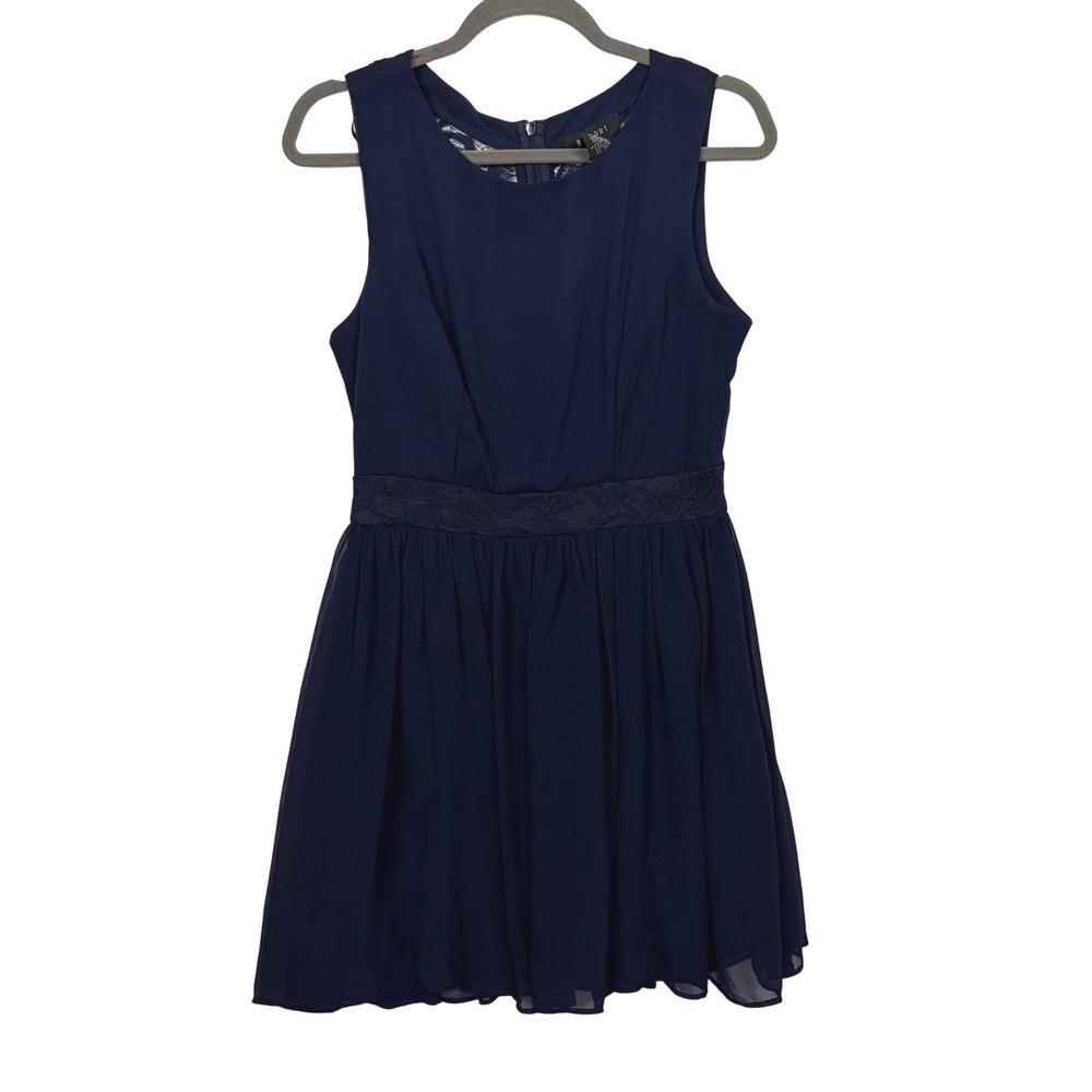 B. SMART Navy Blue Lace Back Chiffon Fit and Flare Cocktail Dress Size 9